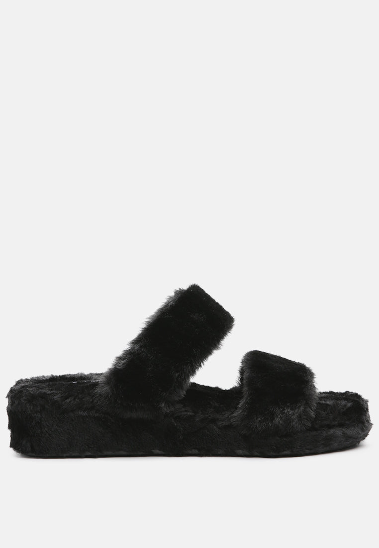 Smoothie Fur Slip-On Flats showcasing luxurious fur upper, soft insole, and durable outsole, perfect for indoor wear.