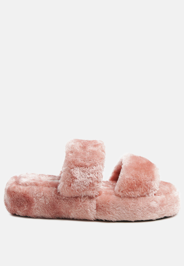 Smoothie Fur Slip-On Flats showcasing luxurious fur upper, soft insole, and durable outsole, perfect for indoor wear.