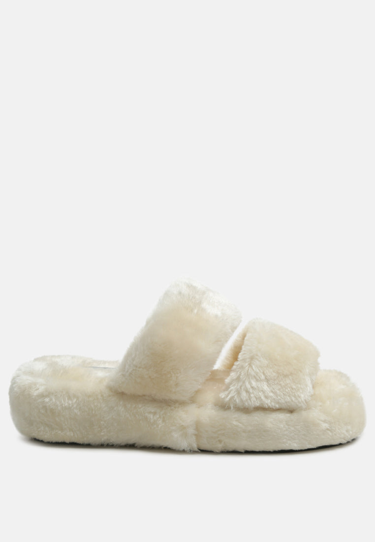 Smoothie Fur Slip-On Flats showcasing luxurious fur upper, soft insole, and durable outsole, perfect for indoor wear.