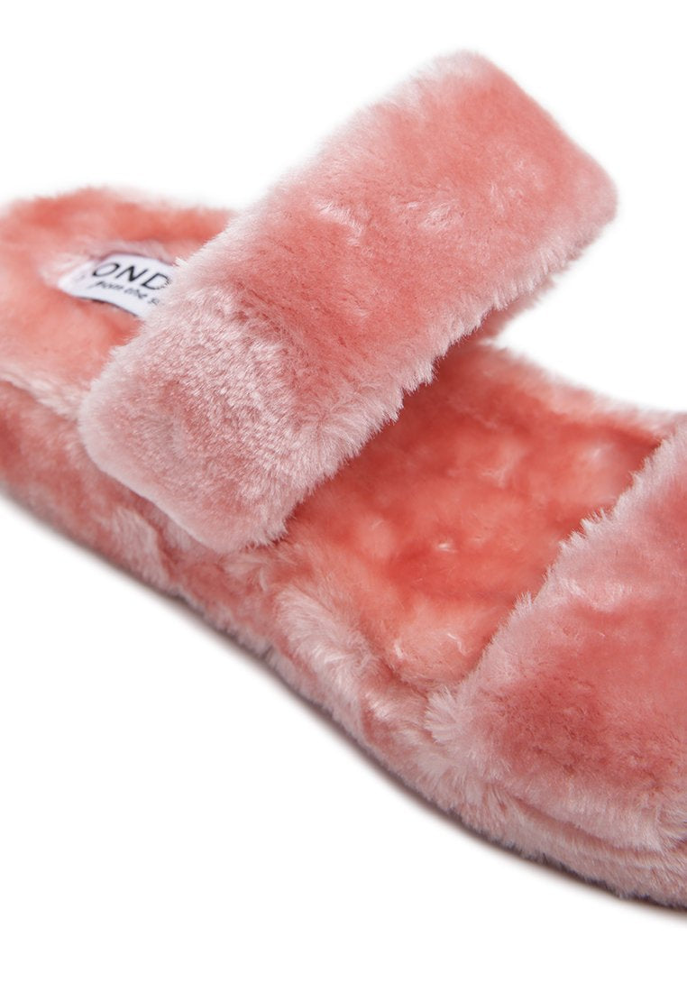 Smoothie Fur Slip-On Flats showcasing luxurious fur upper, soft insole, and durable outsole, perfect for indoor wear.