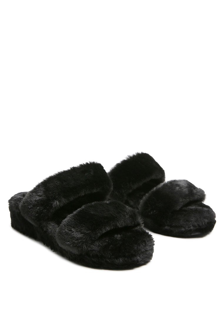 Smoothie Fur Slip-On Flats showcasing luxurious fur upper, soft insole, and durable outsole, perfect for indoor wear.