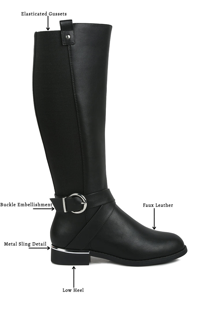 Stylish Snowd Riding Boot featuring dual tones, metallic buckle belt embellishment, and knee-high design.