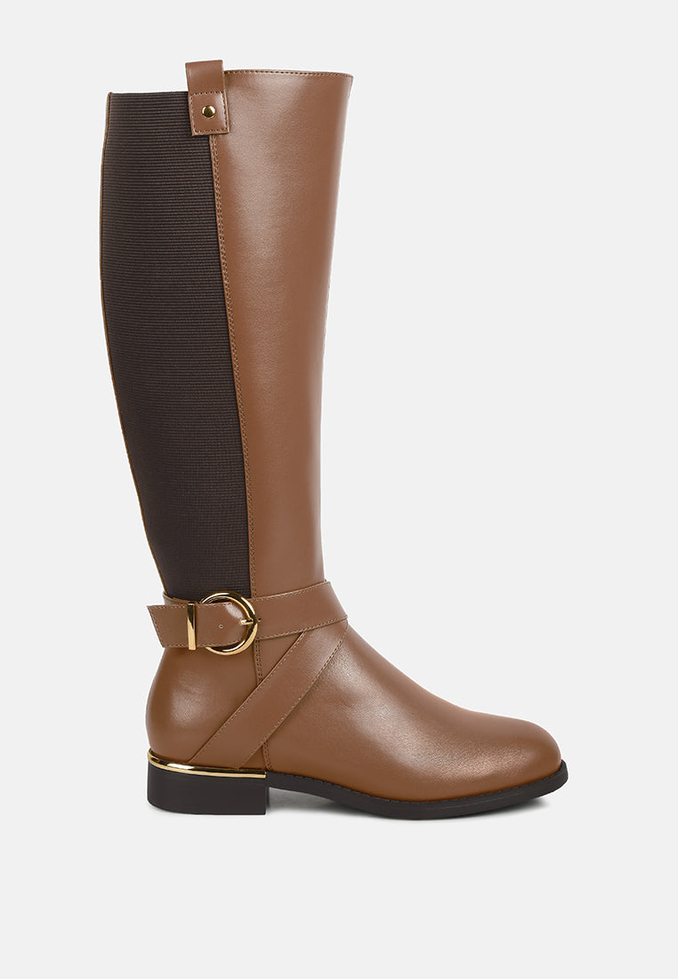 Stylish Snowd Riding Boot featuring dual tones, metallic buckle belt embellishment, and knee-high design.