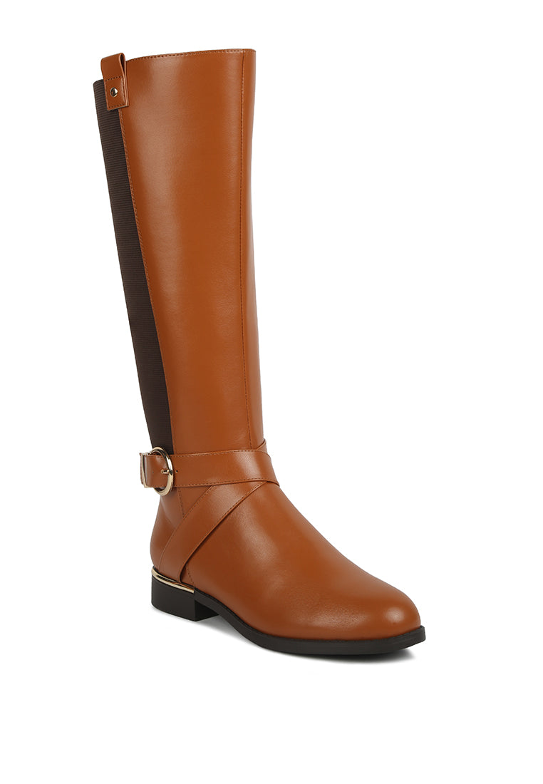 Stylish Snowd Riding Boot featuring dual tones, metallic buckle belt embellishment, and knee-high design.