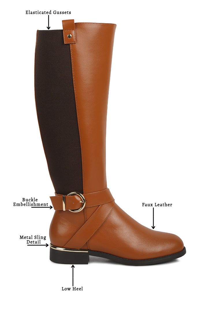 Stylish Snowd Riding Boot featuring dual tones, metallic buckle belt embellishment, and knee-high design.