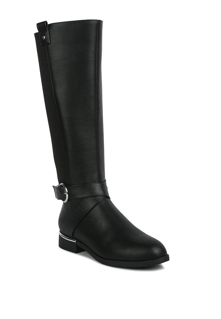 Stylish Snowd Riding Boot featuring dual tones, metallic buckle belt embellishment, and knee-high design.