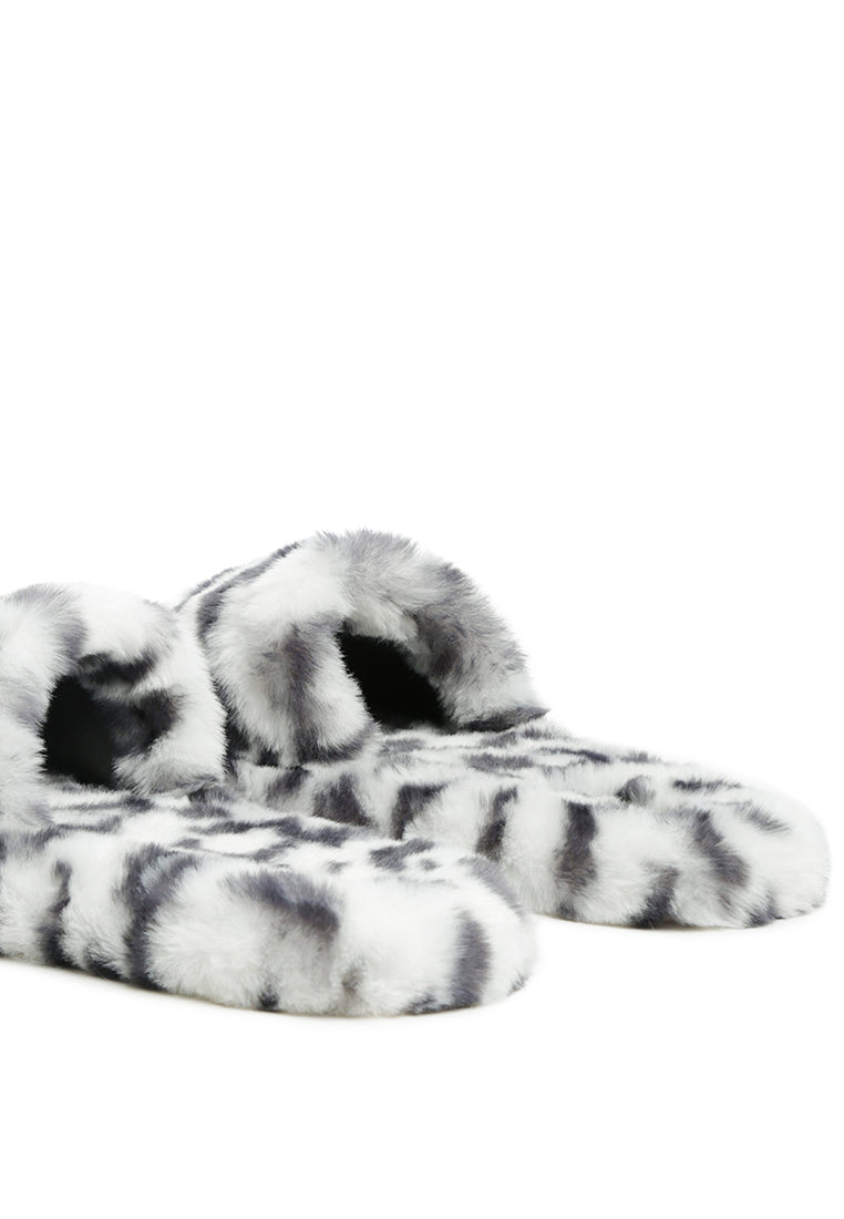 Snuggle-In Indoor Fur Flats showcasing soft faux fur material and open toe design, perfect for cozy indoor wear.