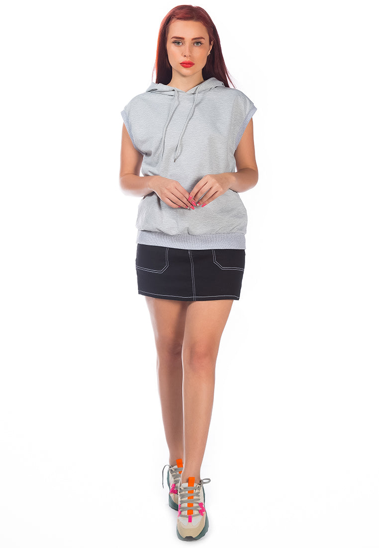 A cozy Solid Cap Sleeve Hoodie in a soft knitted fabric, featuring short cap sleeves and an attached hoodie, perfect for winter wear.