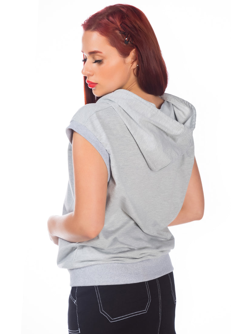 A cozy Solid Cap Sleeve Hoodie in a soft knitted fabric, featuring short cap sleeves and an attached hoodie, perfect for winter wear.