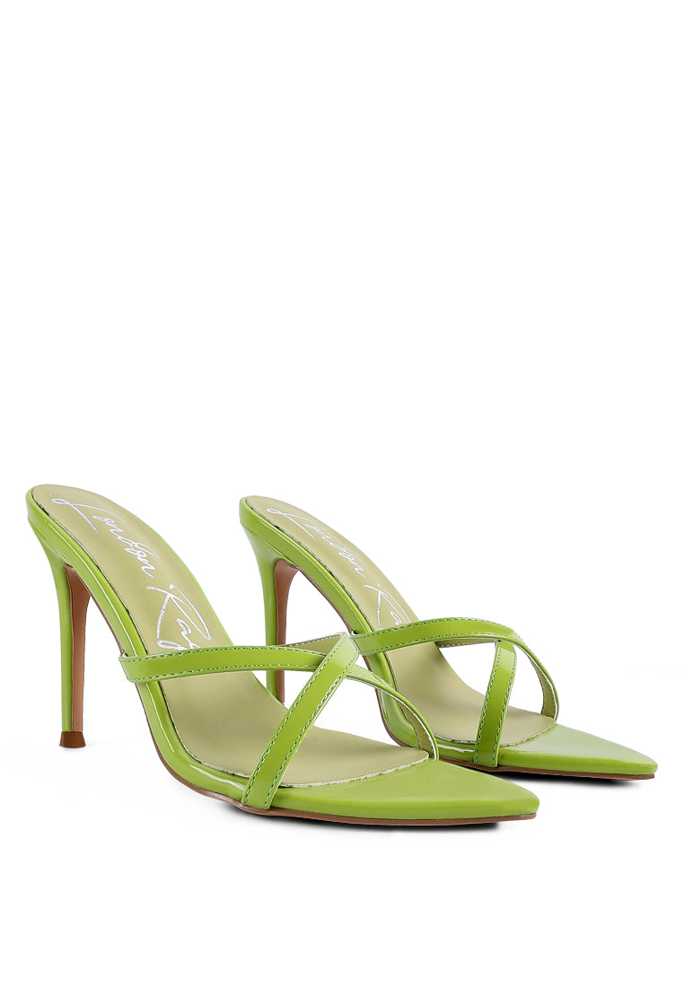 Spellbound High Heel Pointed Toe Sandals featuring a pointed toe and thin cross straps, elegantly designed for stylish comfort.