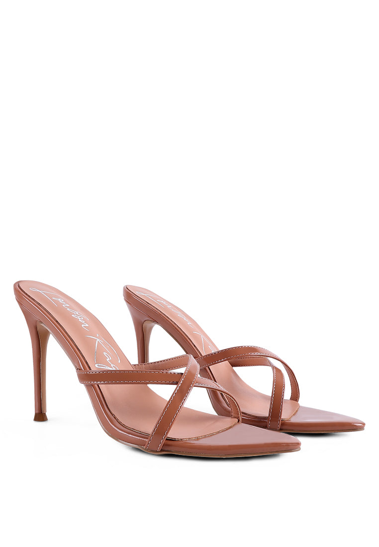 Spellbound High Heel Pointed Toe Sandals featuring a pointed toe and thin cross straps, elegantly designed for stylish comfort.