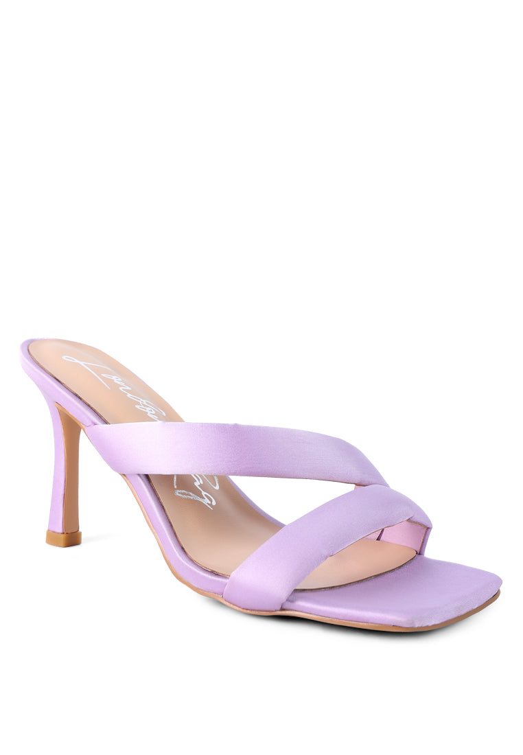 Spice Up Dual Strap Heel Sandals featuring an open square toe and single cross strap design in elegant satin material.