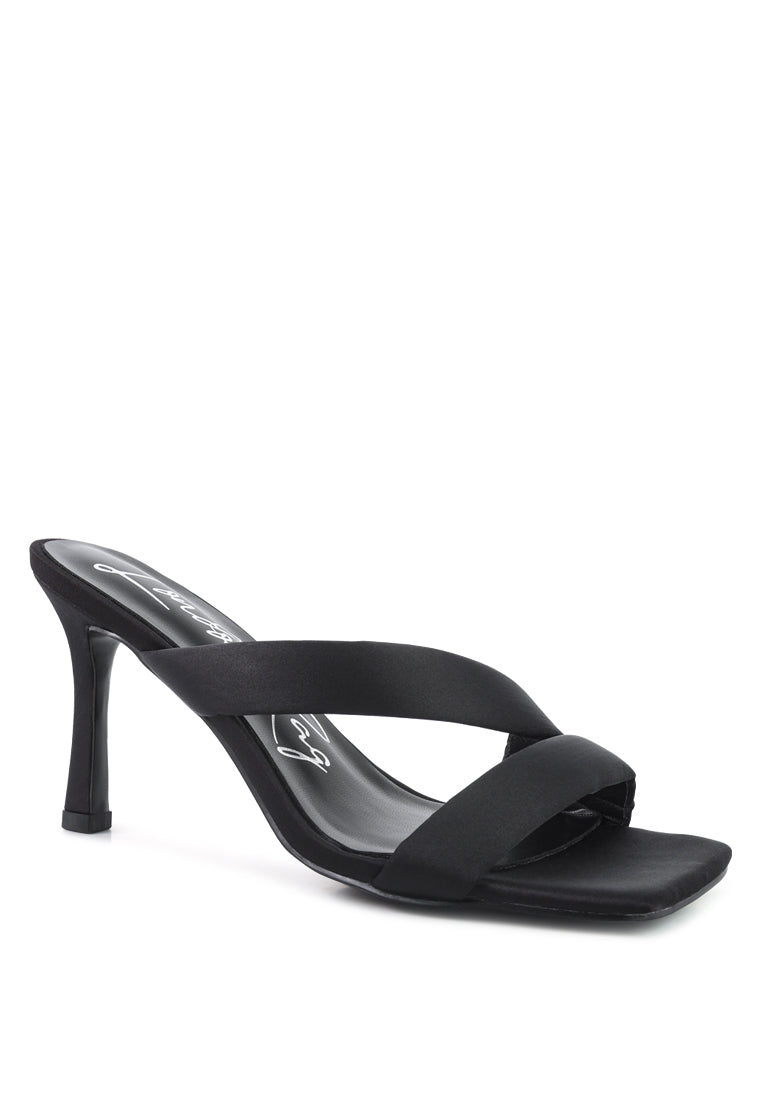 Spice Up Dual Strap Heel Sandals featuring an open square toe and single cross strap design in elegant satin material.