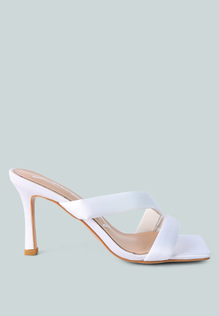 Spice Up Dual Strap Heel Sandals featuring an open square toe and single cross strap design in elegant satin material.