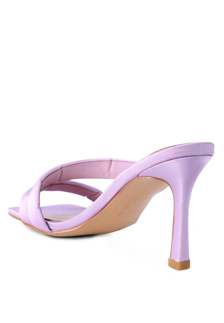 Spice Up Dual Strap Heel Sandals featuring an open square toe and single cross strap design in elegant satin material.