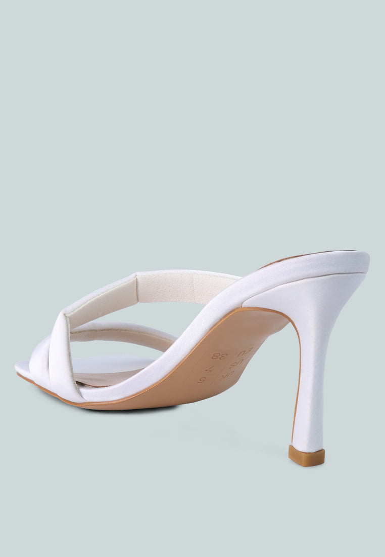 Spice Up Dual Strap Heel Sandals featuring an open square toe and single cross strap design in elegant satin material.