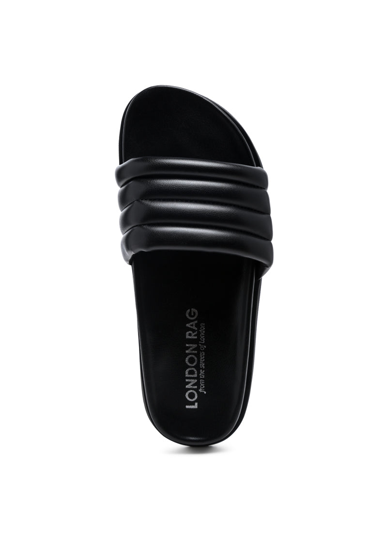 A pair of Sponge Quilted Pool Slides featuring a stylish quilted strap design, perfect for indoor and outdoor wear.