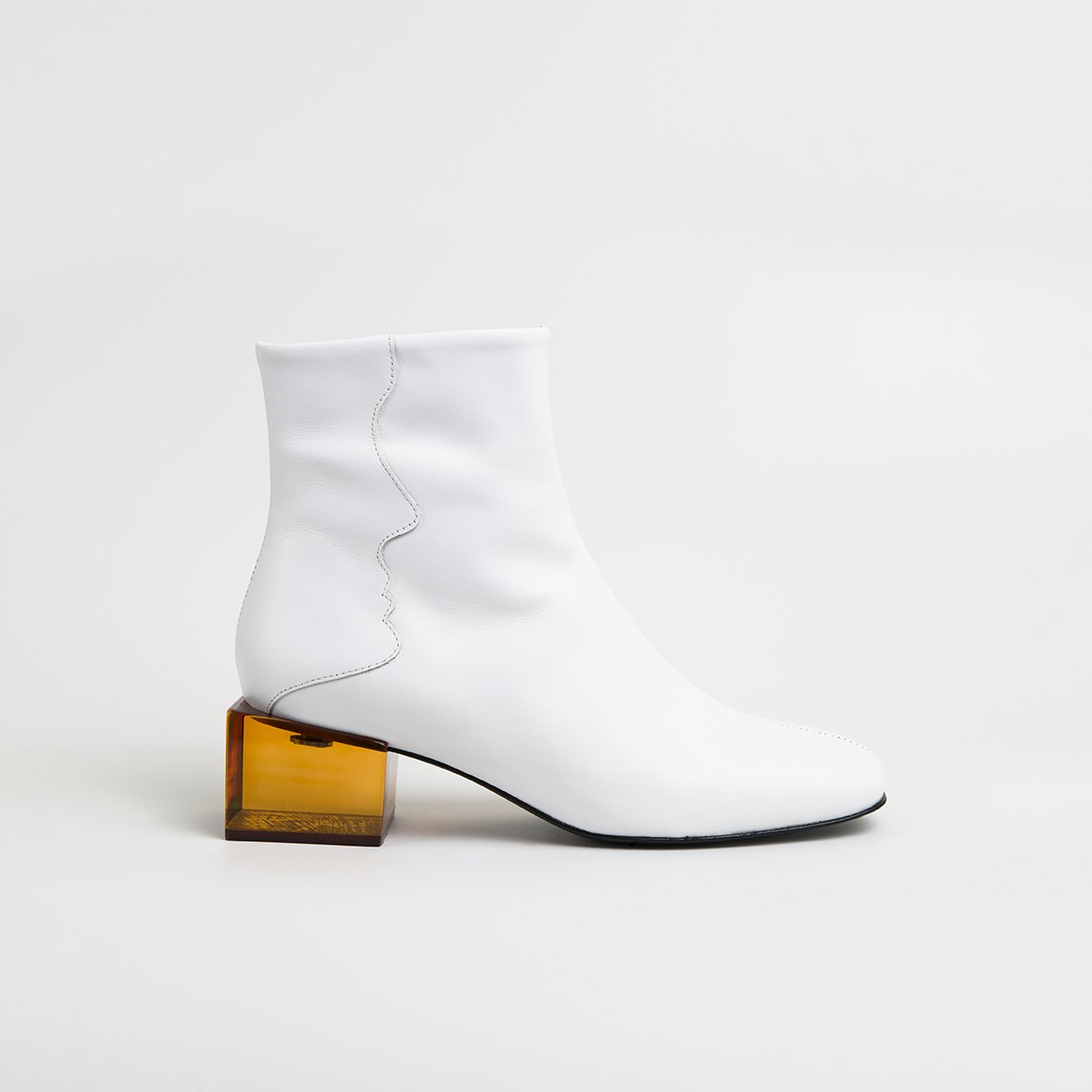 STATUETTE White Leather Mid Heel Boots featuring a square toe and vibrant acrylic middle heel, handcrafted in Portugal.