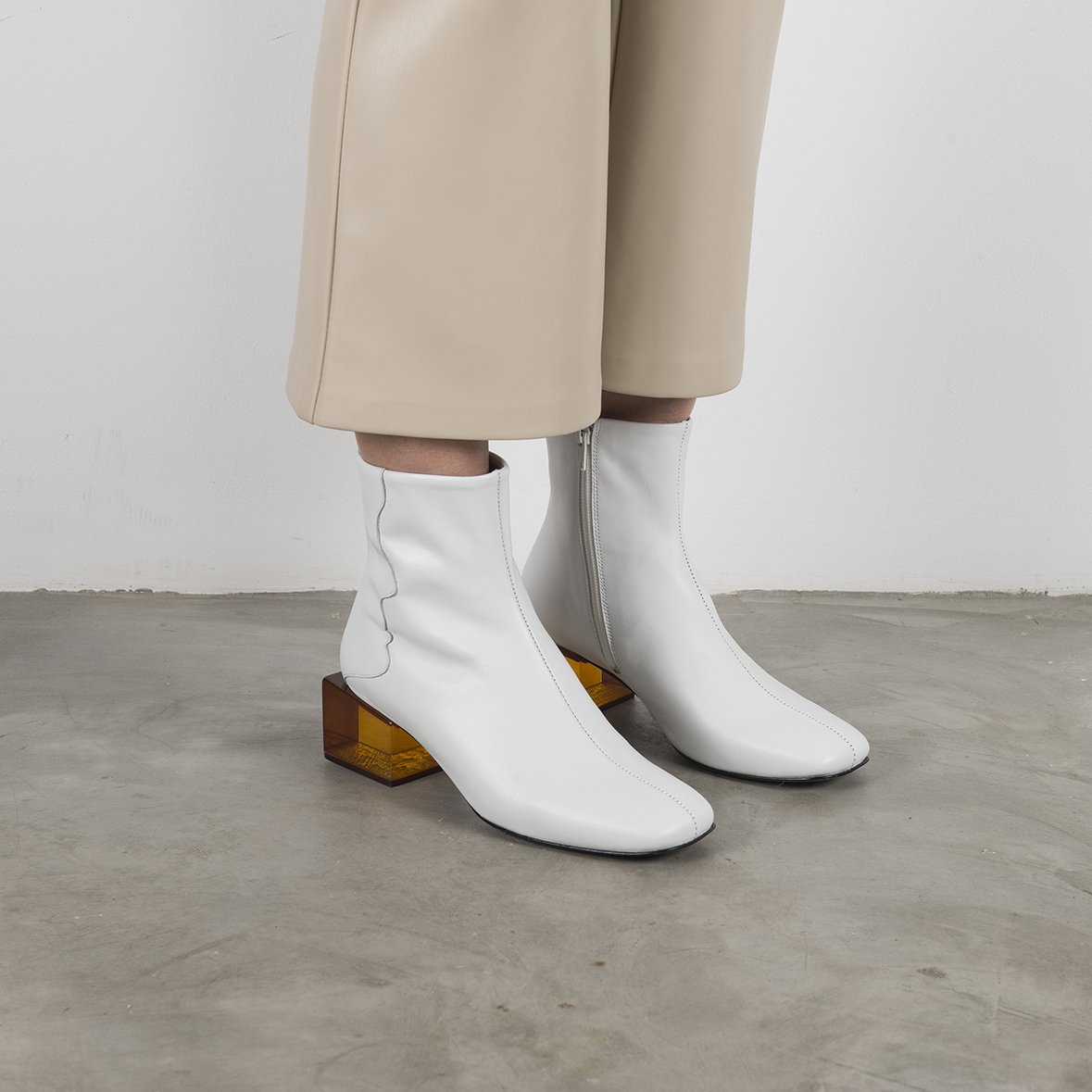 STATUETTE White Leather Mid Heel Boots featuring a square toe and vibrant acrylic middle heel, handcrafted in Portugal.