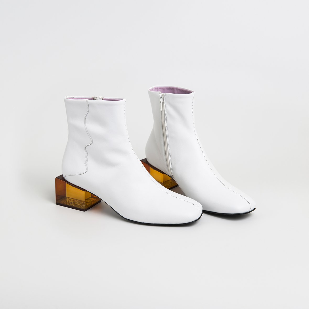 STATUETTE White Leather Mid Heel Boots featuring a square toe and vibrant acrylic middle heel, handcrafted in Portugal.