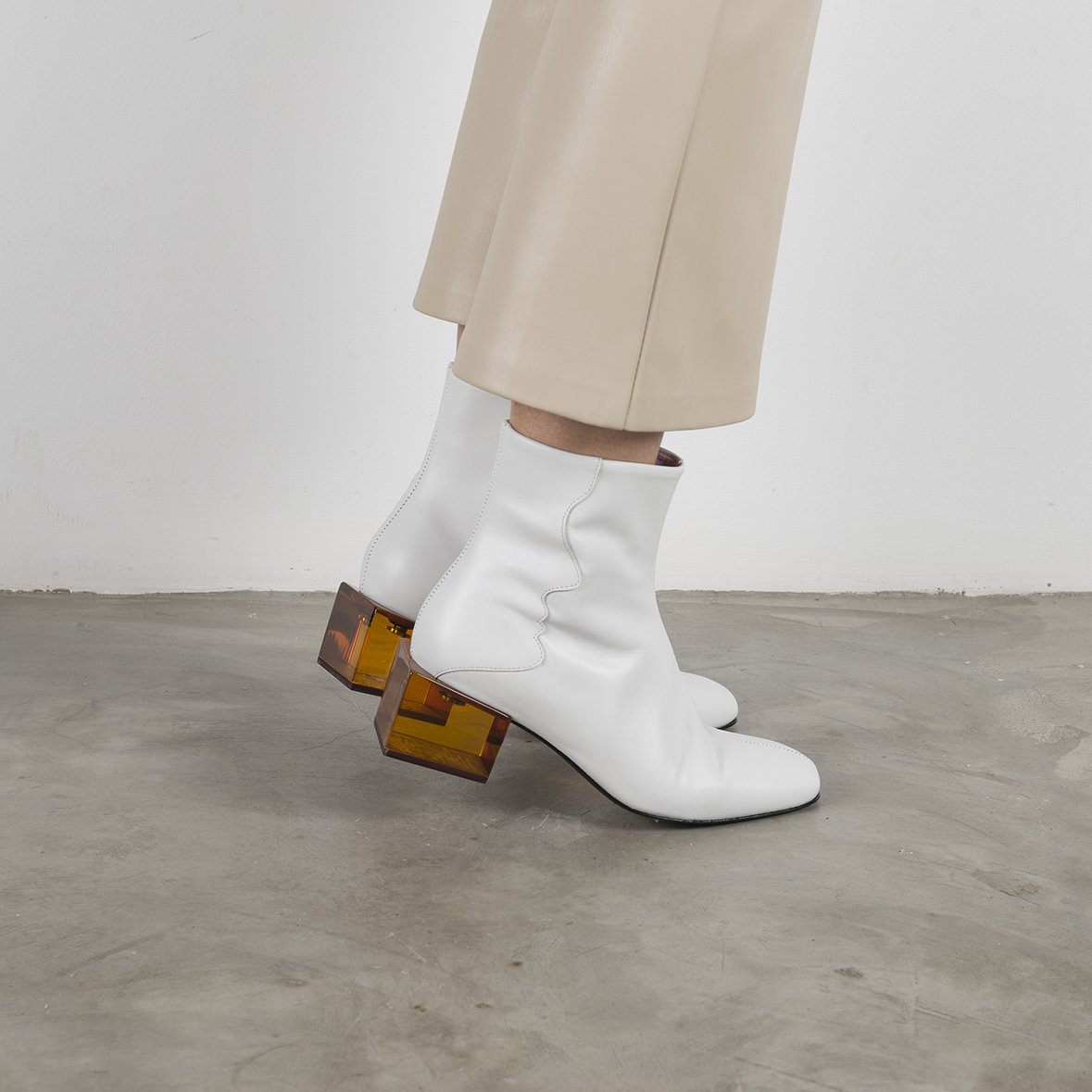 STATUETTE White Leather Mid Heel Boots featuring a square toe and vibrant acrylic middle heel, handcrafted in Portugal.