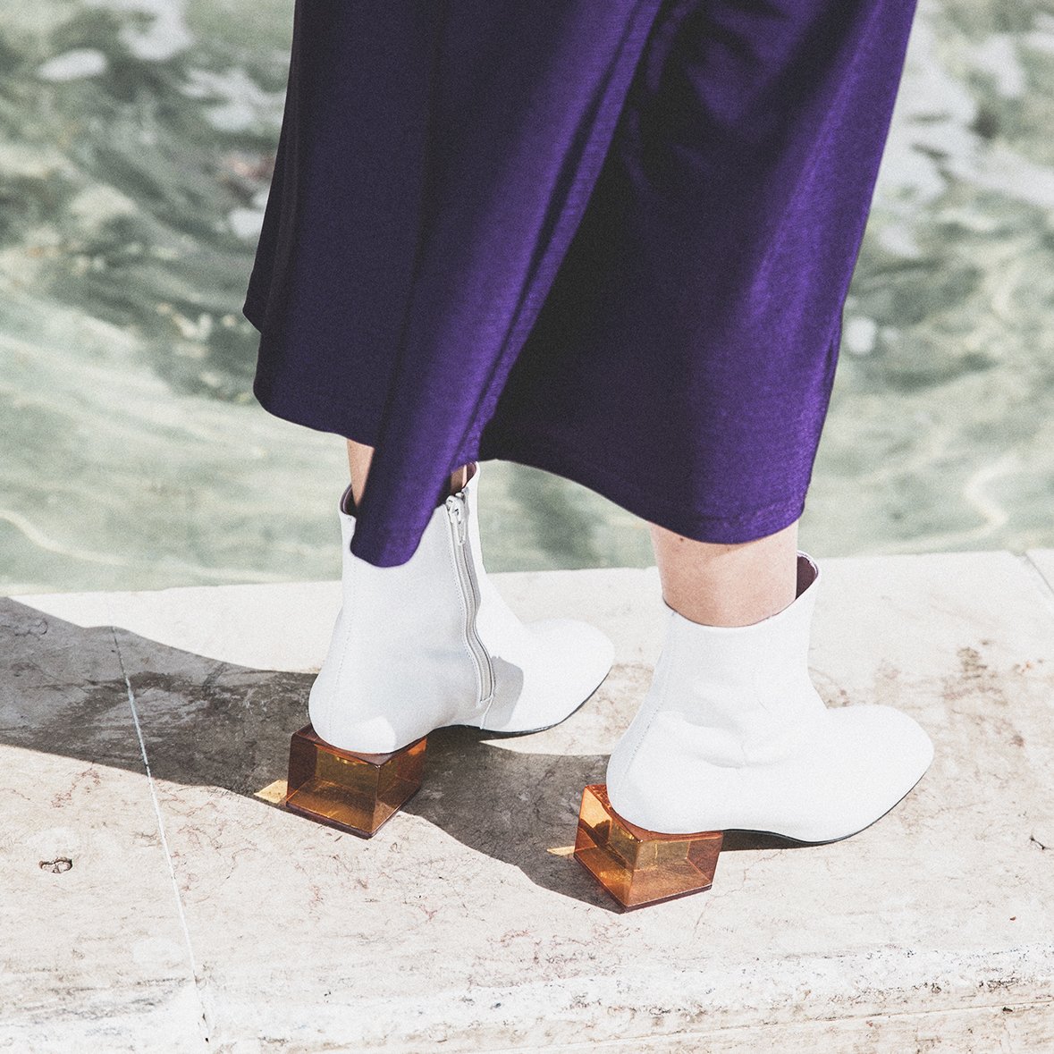 STATUETTE White Leather Mid Heel Boots featuring a square toe and vibrant acrylic middle heel, handcrafted in Portugal.