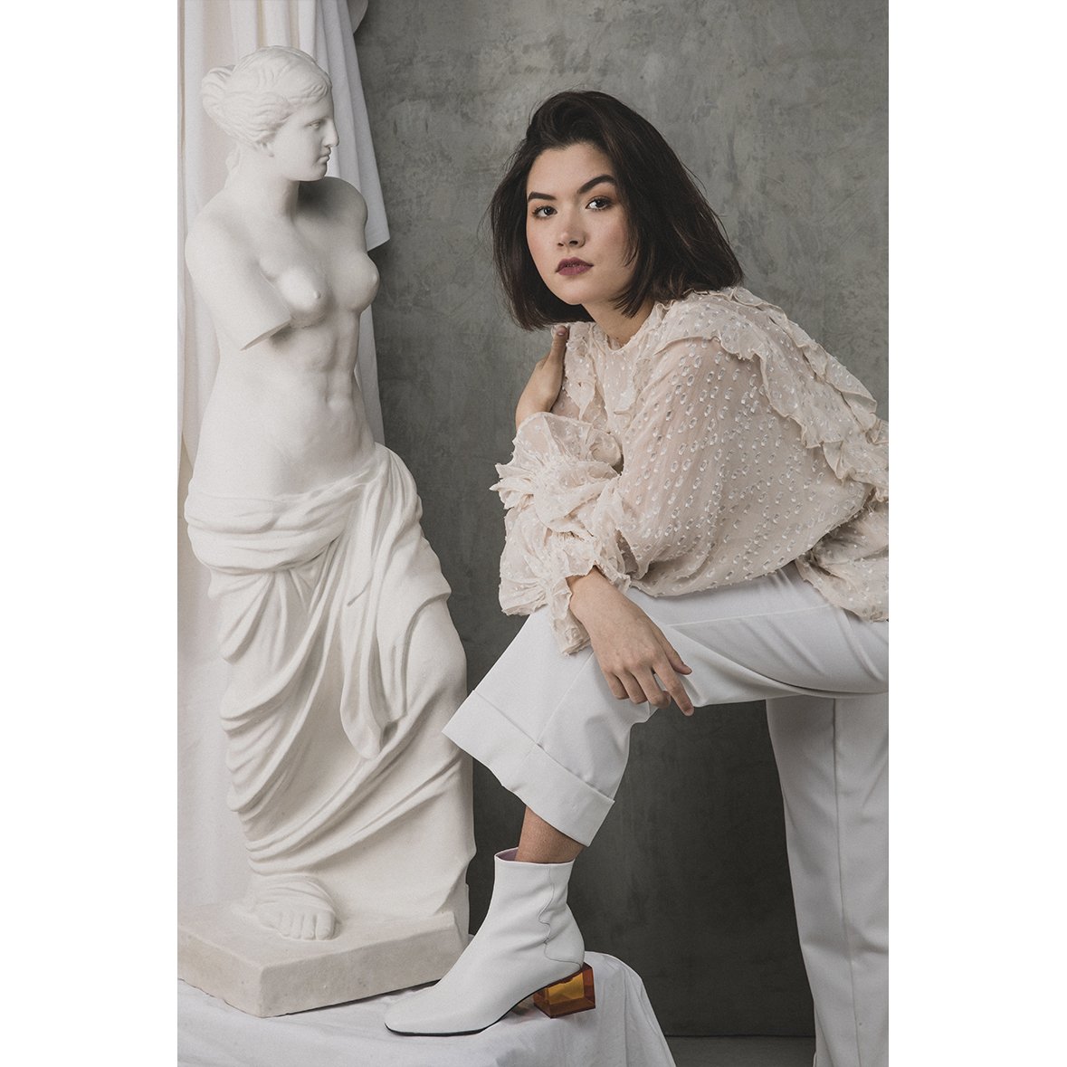 STATUETTE White Leather Mid Heel Boots featuring a square toe and vibrant acrylic middle heel, handcrafted in Portugal.