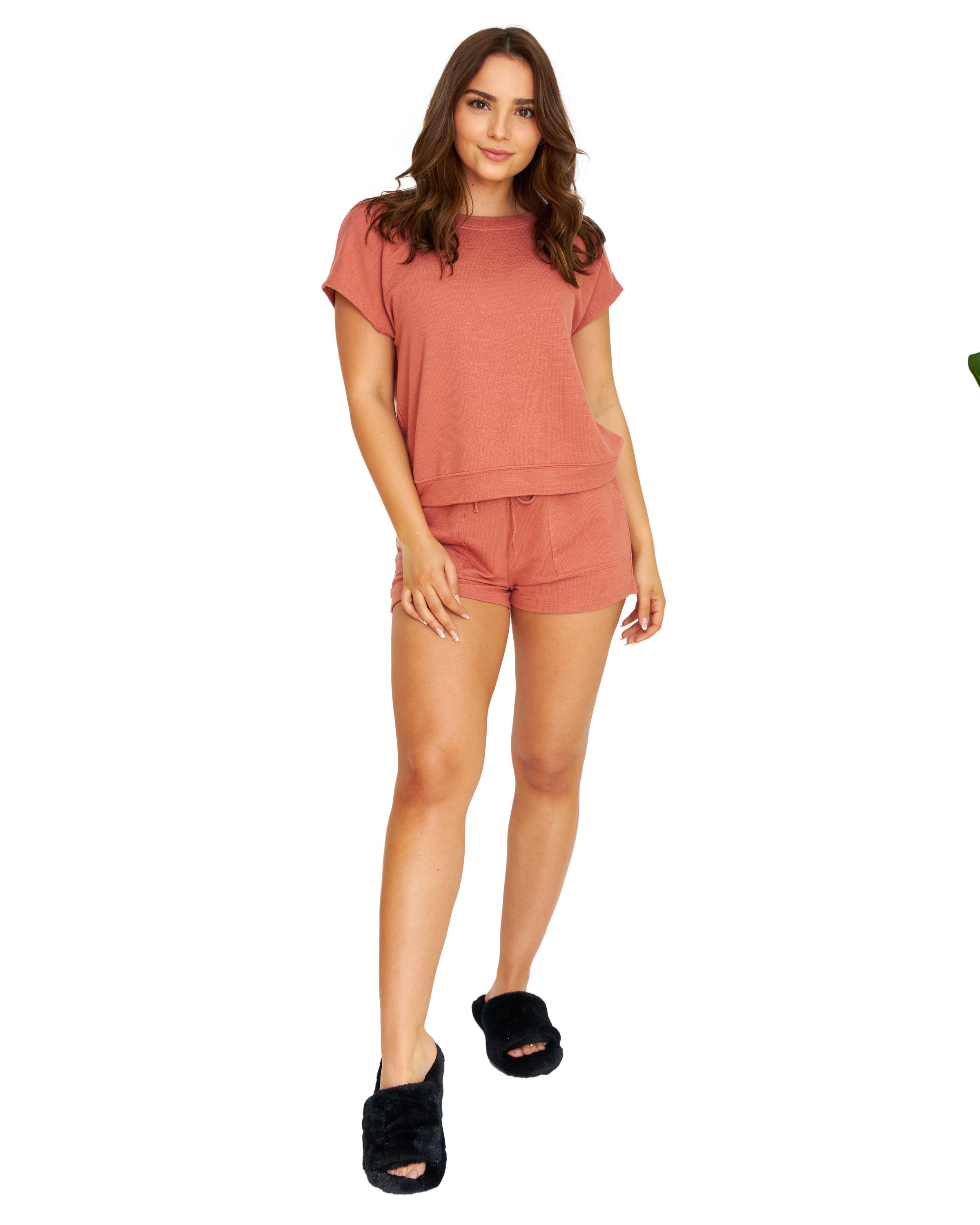 Staying In Rust Lounge Set featuring a lightweight top and matching shorts, perfect for lounging at home.