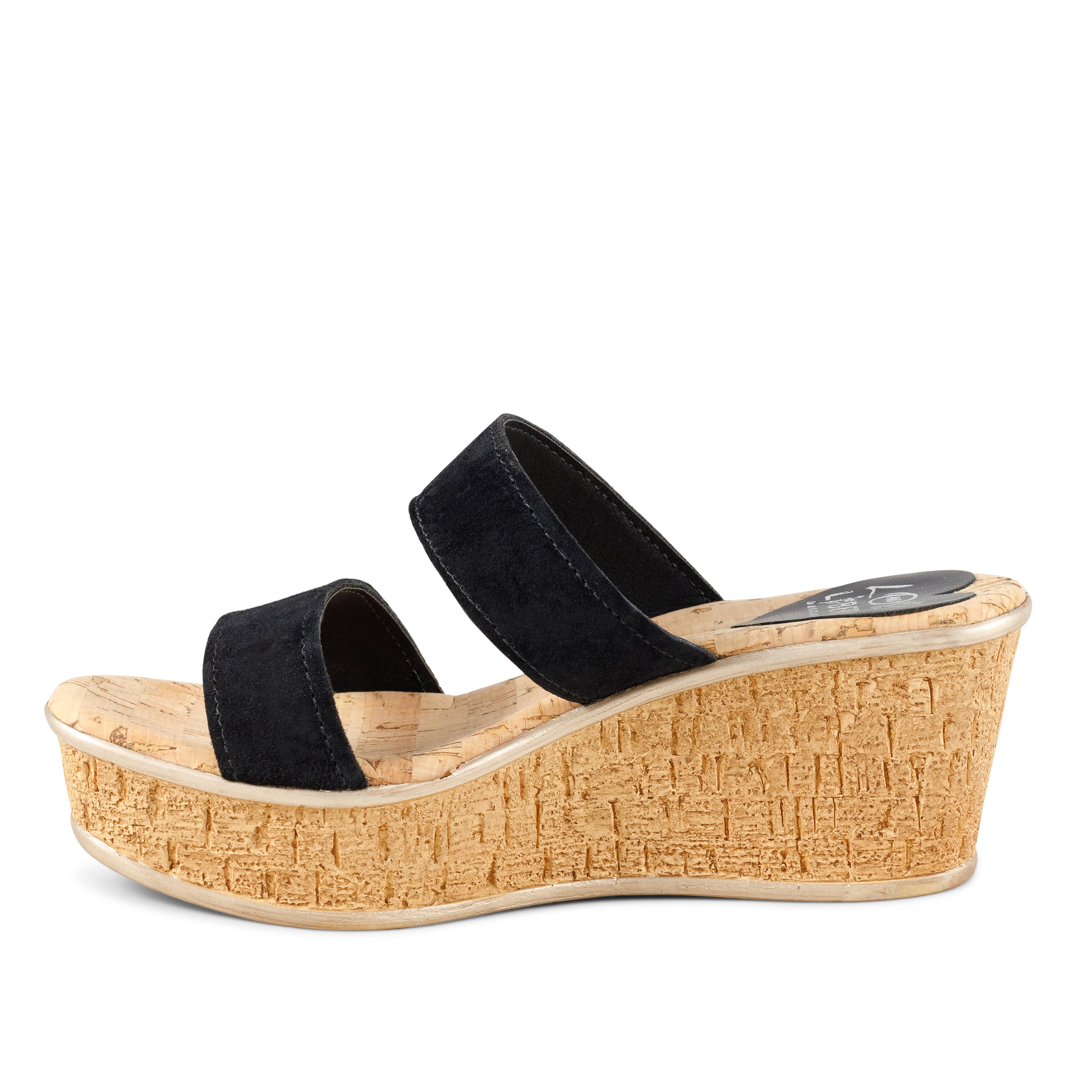 A pair of stylish two-banded black suede wedges with a mid wedge heel, showcasing their elegant design and padded memory foam for comfort.