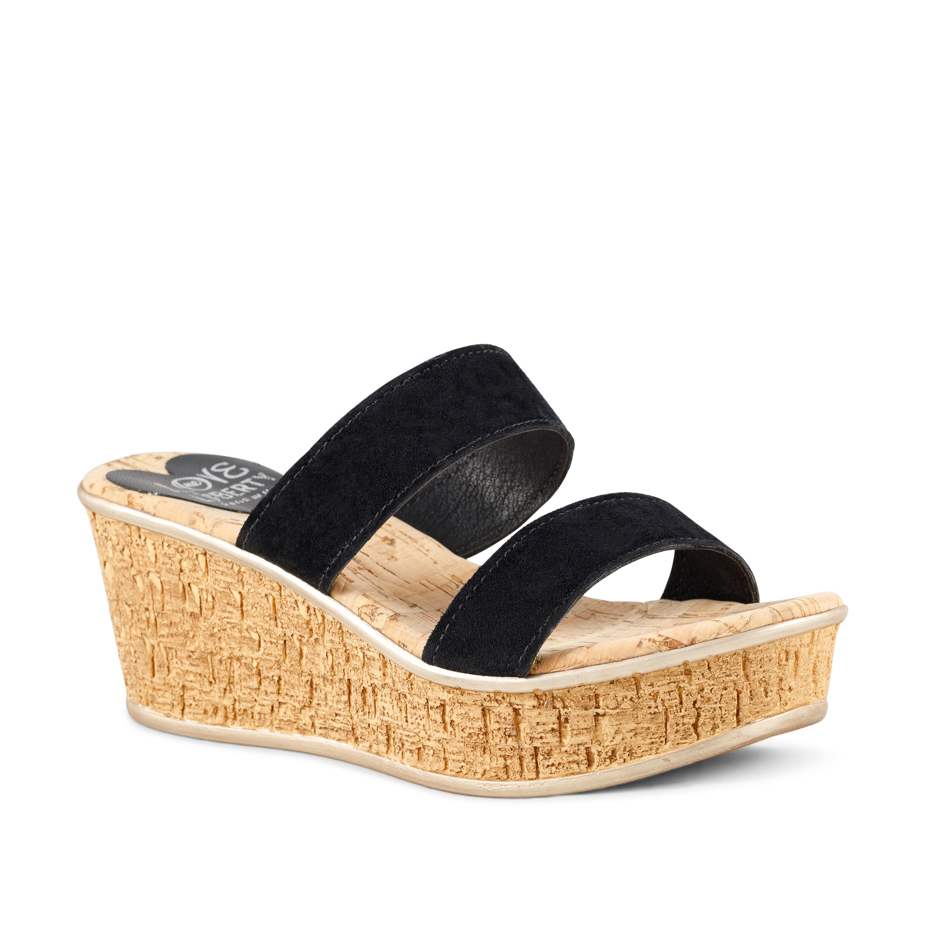 A pair of stylish two-banded black suede wedges with a mid wedge heel, showcasing their elegant design and padded memory foam for comfort.