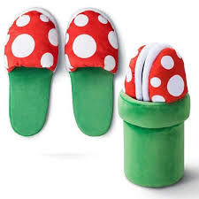 Super Mario Bros slippers featuring a Piranha decoration, plush material, suitable for cosplay and everyday wear.