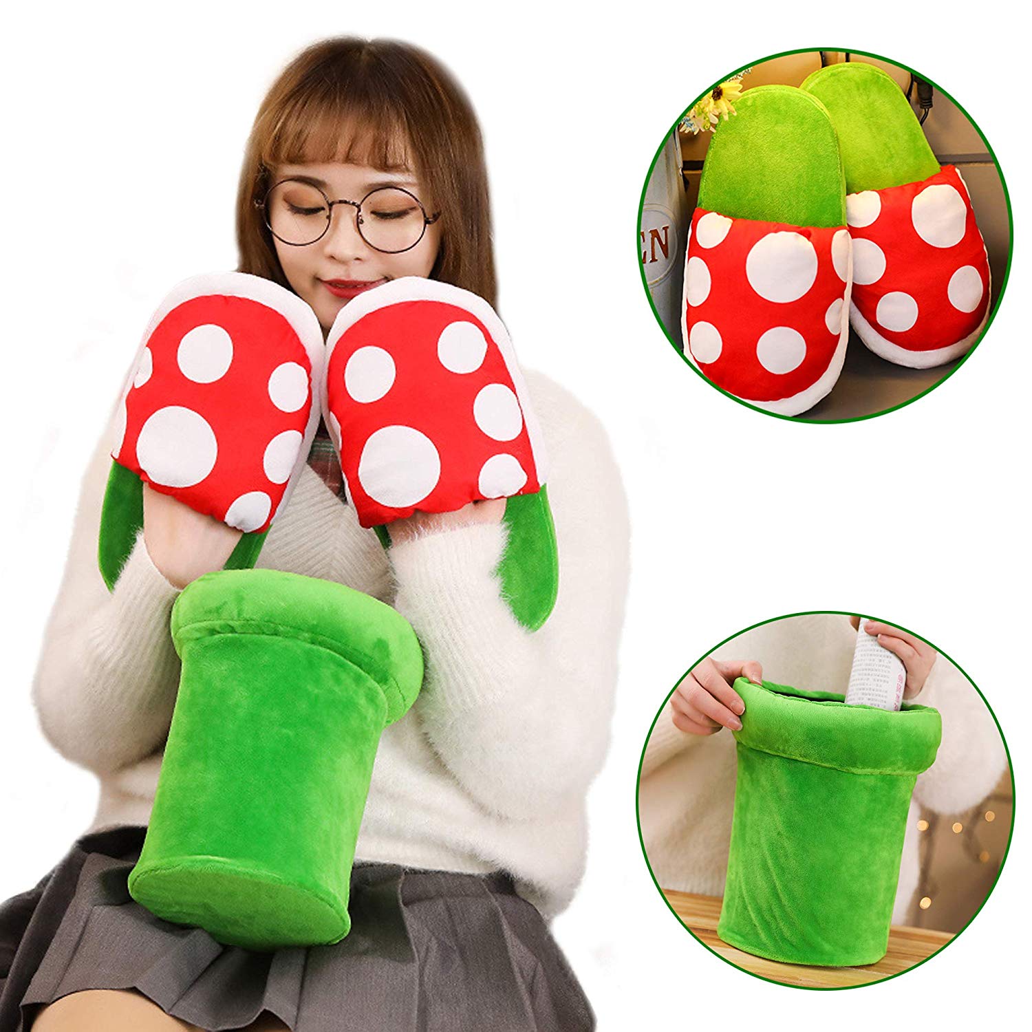 Super Mario Bros slippers featuring a Piranha decoration, plush material, suitable for cosplay and everyday wear.