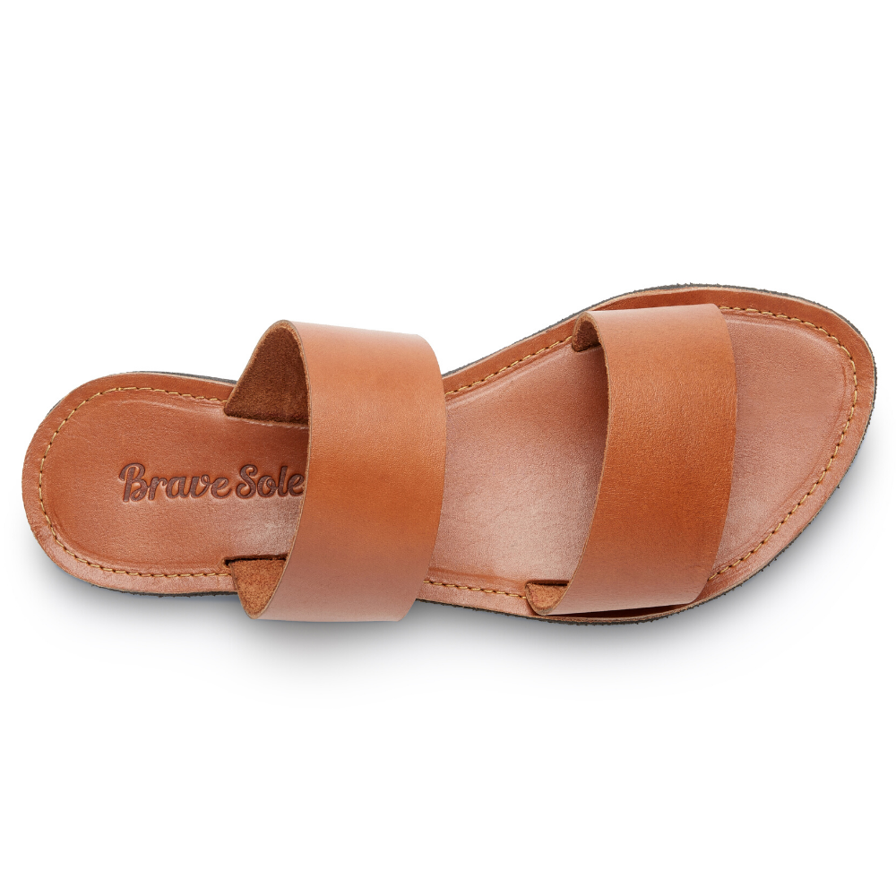 Stylish Ophelia Leather Slide Sandals in black and caramel, featuring minimalist design and eco-friendly upcycled tire soles.