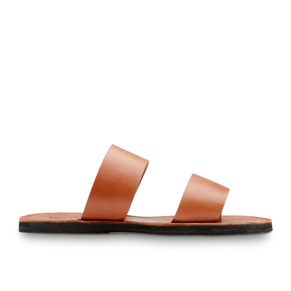 Stylish Ophelia Leather Slide Sandals in black and caramel, featuring minimalist design and eco-friendly upcycled tire soles.