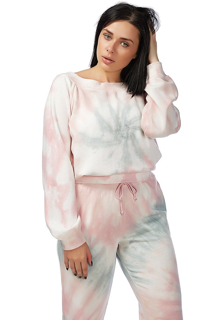 A cozy pastel tie-dye sweat top with full sleeves and a boat neckline, perfect for autumn wear.