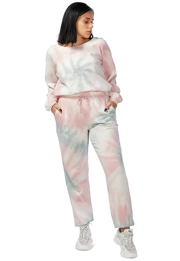 A cozy pastel tie-dye sweat top with full sleeves and a boat neckline, perfect for autumn wear.