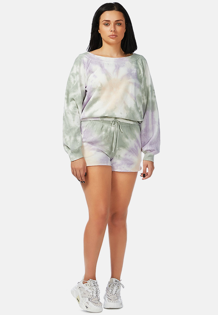 A cozy pastel tie-dye sweat top with full sleeves and a boat neckline, perfect for autumn wear.