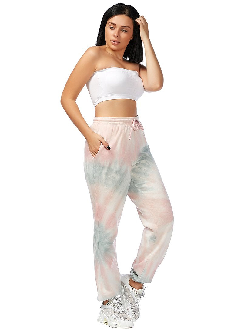 A pair of warm fleece tie-dye joggers featuring an elasticated waist, drawstring, and ribbed hem, perfect for winter wear.