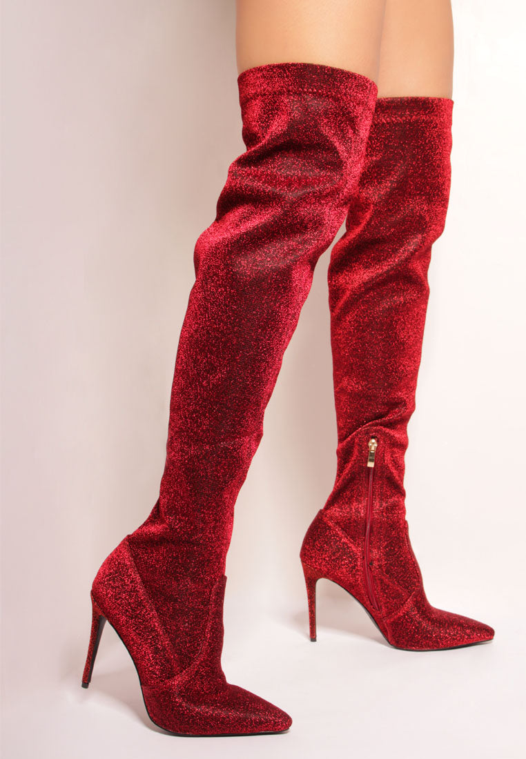 Stylish Tigerlily Knitted Stiletto Long Boots featuring a closed pointed toe and side zipper, perfect for autumn and winter fashion.