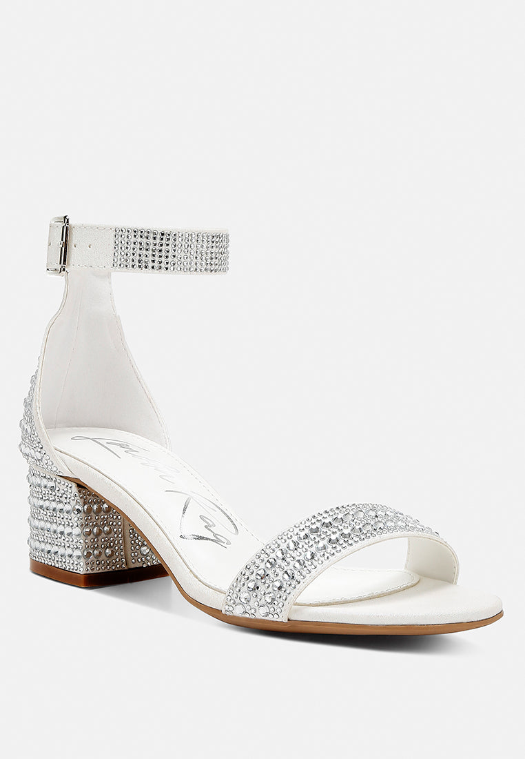 Twerky Rhinestones Embellished Block Sandals featuring a stylish open square toe, embellished block heel, and secure ankle strap.