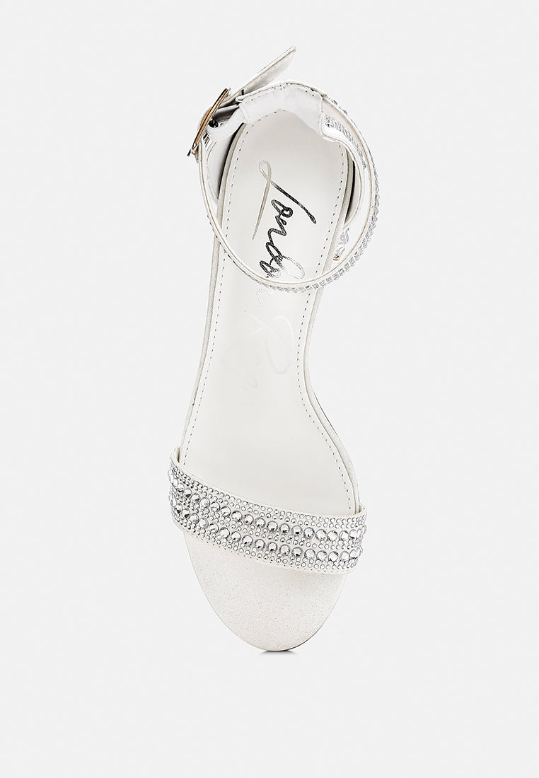 Twerky Rhinestones Embellished Block Sandals featuring a stylish open square toe, embellished block heel, and secure ankle strap.