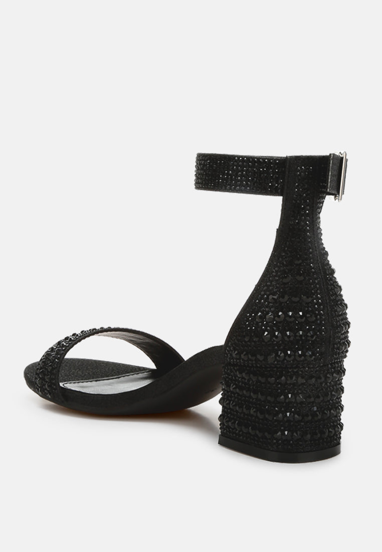 Twerky Rhinestones Embellished Block Sandals featuring a stylish open square toe, embellished block heel, and secure ankle strap.