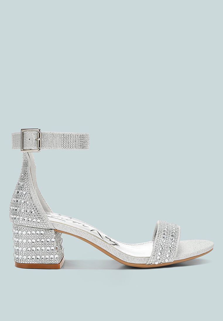 Twerky Rhinestones Embellished Block Sandals featuring a stylish open square toe, embellished block heel, and secure ankle strap.