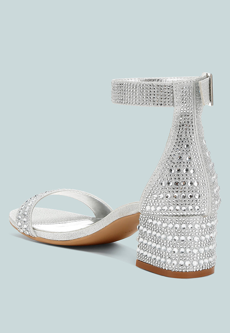 Twerky Rhinestones Embellished Block Sandals featuring a stylish open square toe, embellished block heel, and secure ankle strap.