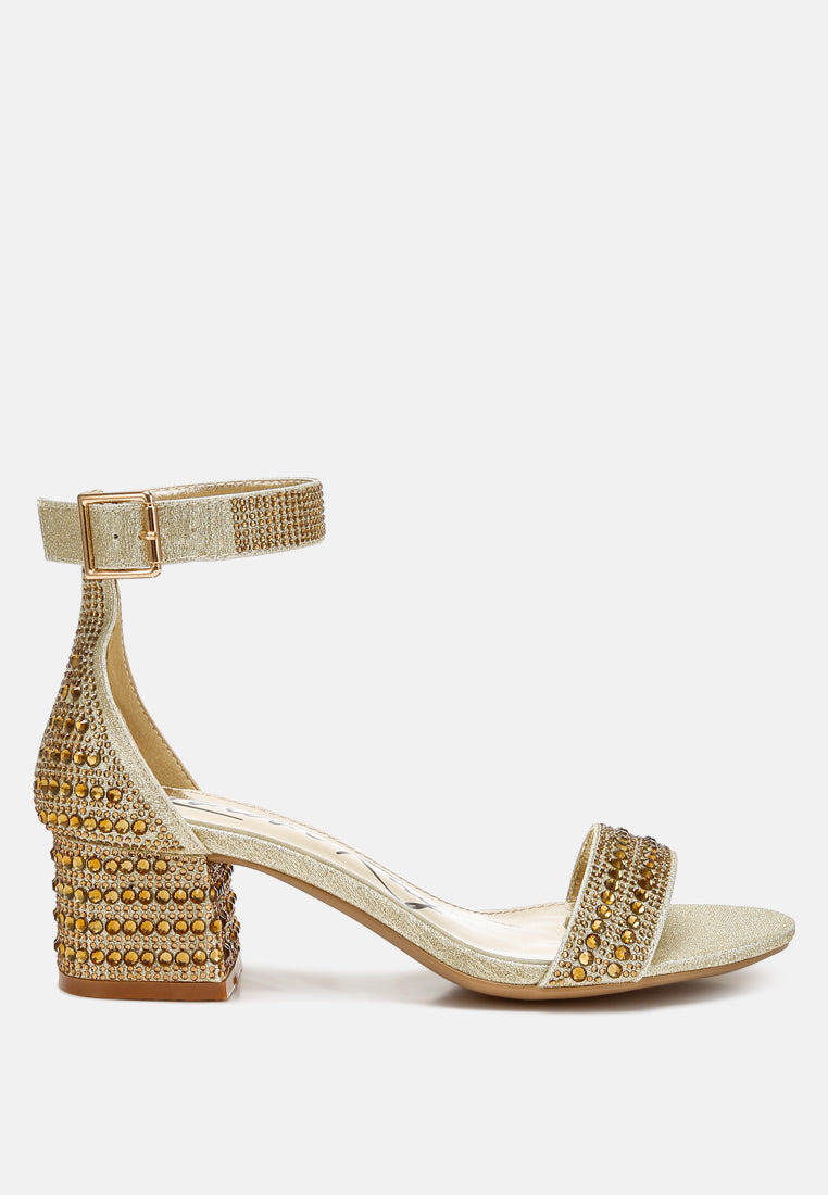 Twerky Rhinestones Embellished Block Sandals featuring a stylish open square toe, embellished block heel, and secure ankle strap.