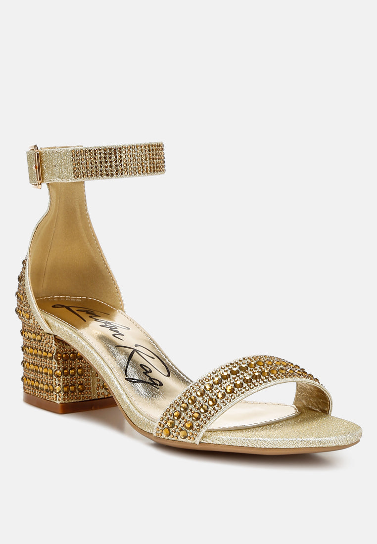 Twerky Rhinestones Embellished Block Sandals featuring a stylish open square toe, embellished block heel, and secure ankle strap.