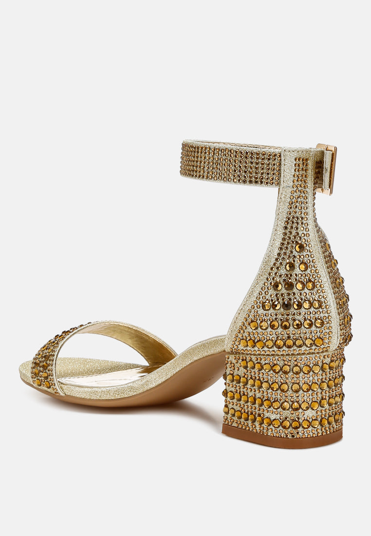 Twerky Rhinestones Embellished Block Sandals featuring a stylish open square toe, embellished block heel, and secure ankle strap.