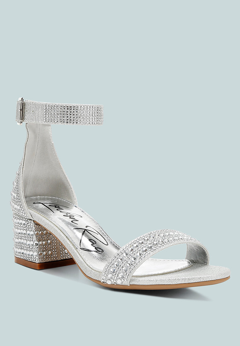 Twerky Rhinestones Embellished Block Sandals featuring a stylish open square toe, embellished block heel, and secure ankle strap.