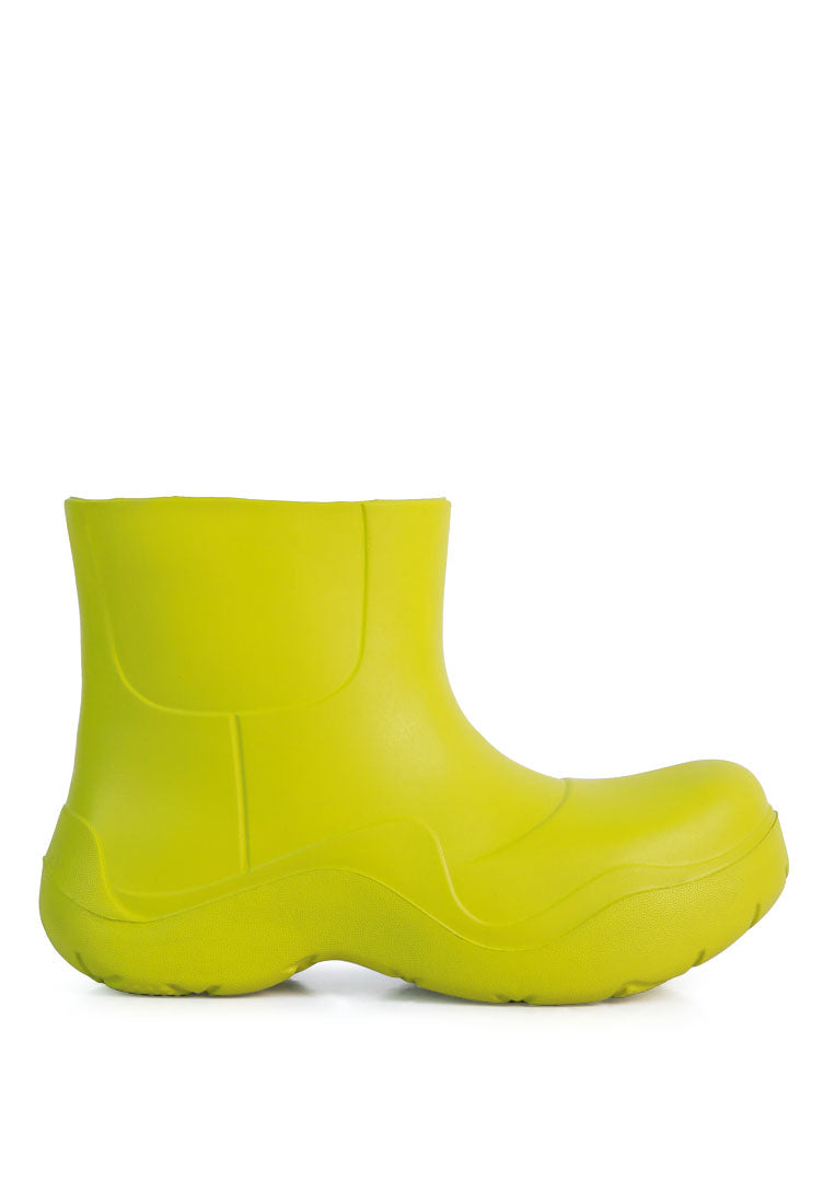 Two Tango Gummy Rain Boots featuring a chunky platform heel, round toe, and vibrant colors, perfect for rainy days and casual outings.