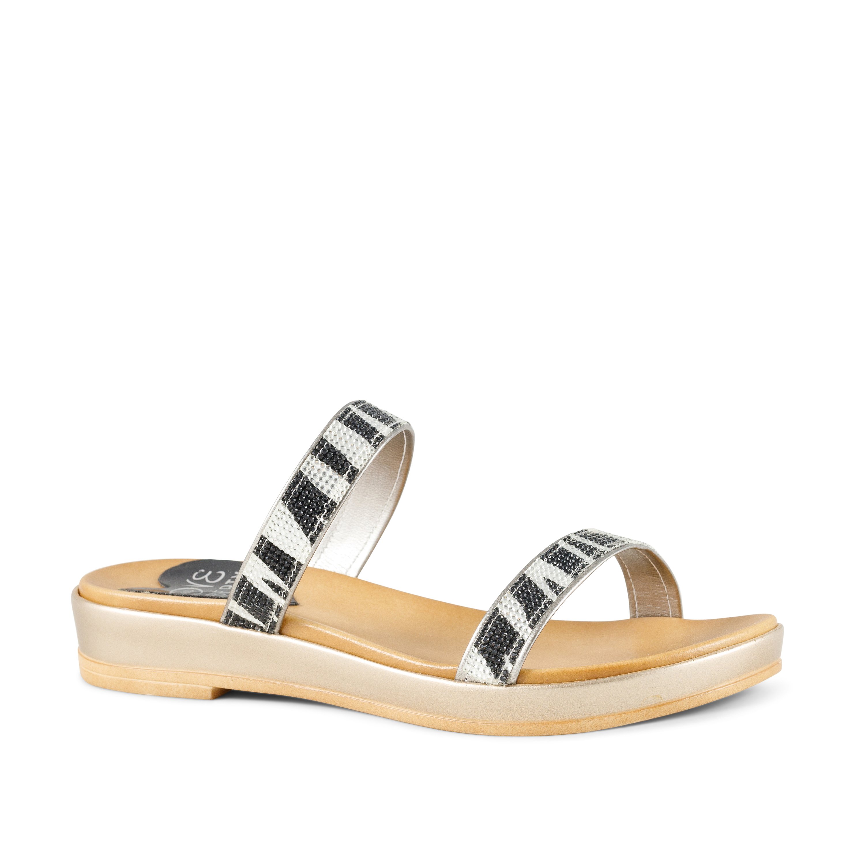 A pair of stylish Untamed sandals featuring a bold zebra print design in black and blue, showcasing rhinestone accents and a comfortable low wedge.